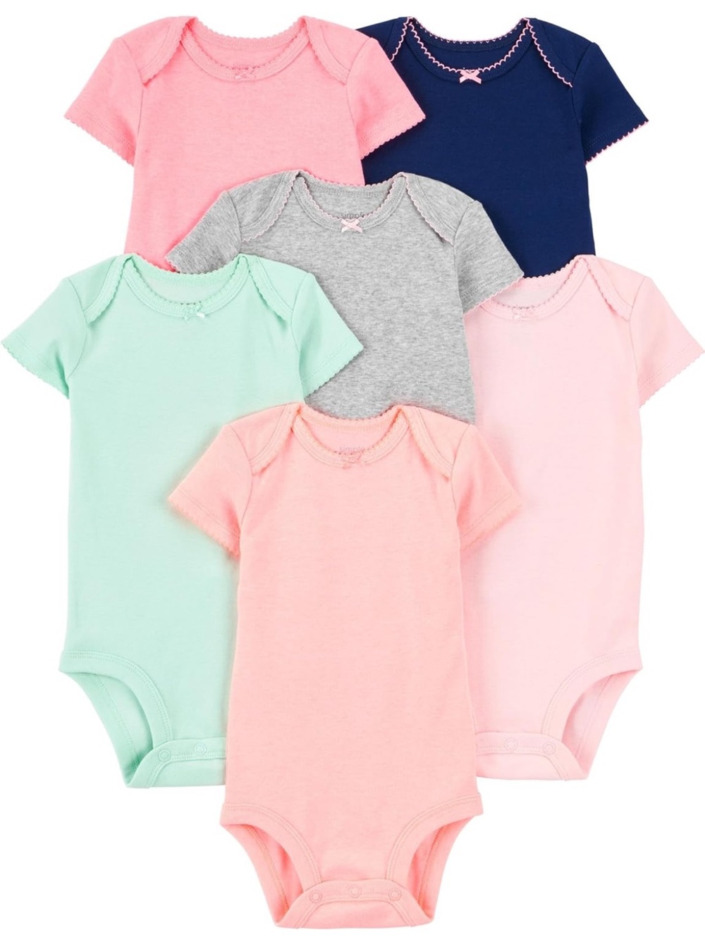 Carter's Girls 6-Pack Short Sleeve Onesies - Pink, Coral, Mint, Gray, Navy